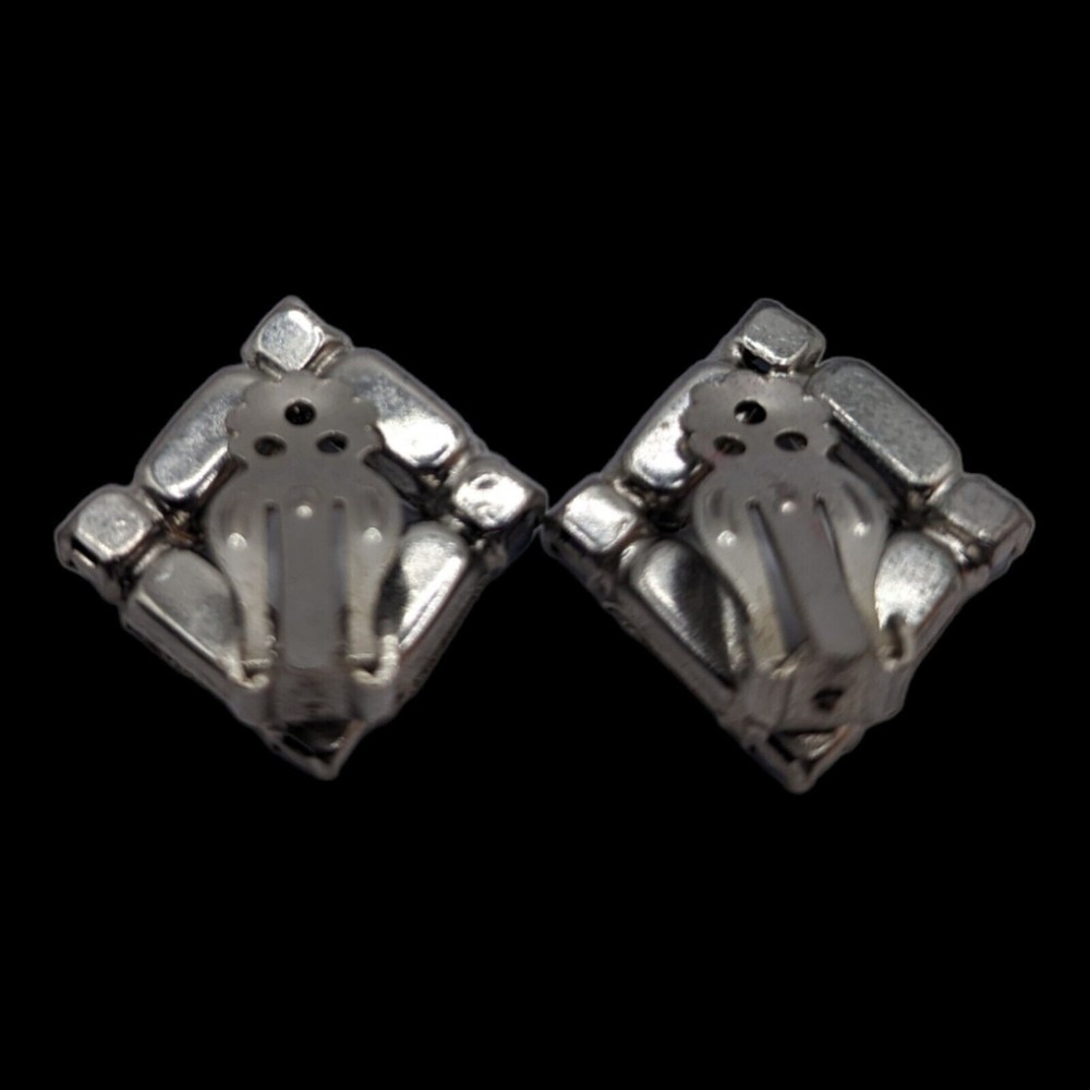 Vintage Light Blue Opaque Clip On Earrings Silver Tone Unsigned 1" Diamond shape - Picture 4 of 11